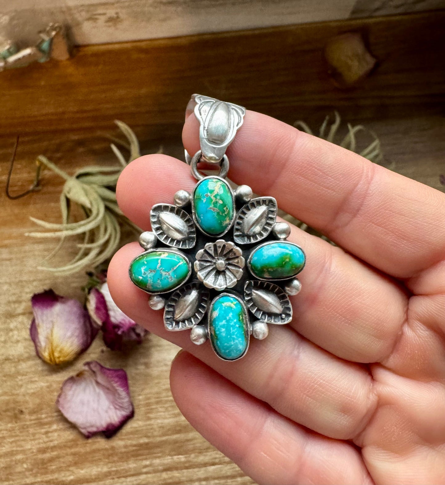 Flower Pendant with Sonoran Gold Turquoise – Sterling Silver – Native Made by Charles Johnson – Fits 10mm