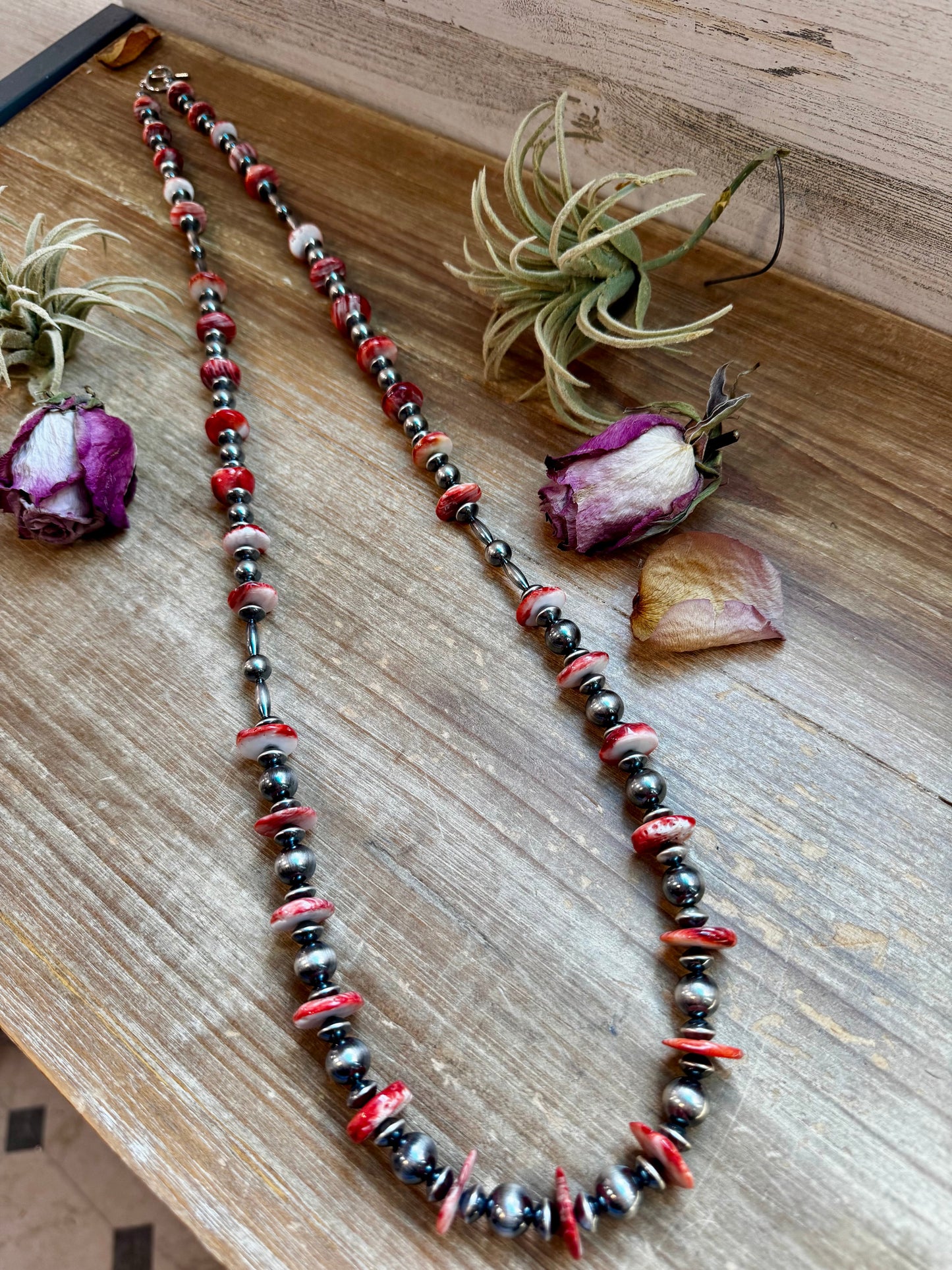 NFR Collection Necklace – Sterling Silver Torpedo Pearls with Red Spiny Oyster – Handmade by The Bijoux FAB – 39"