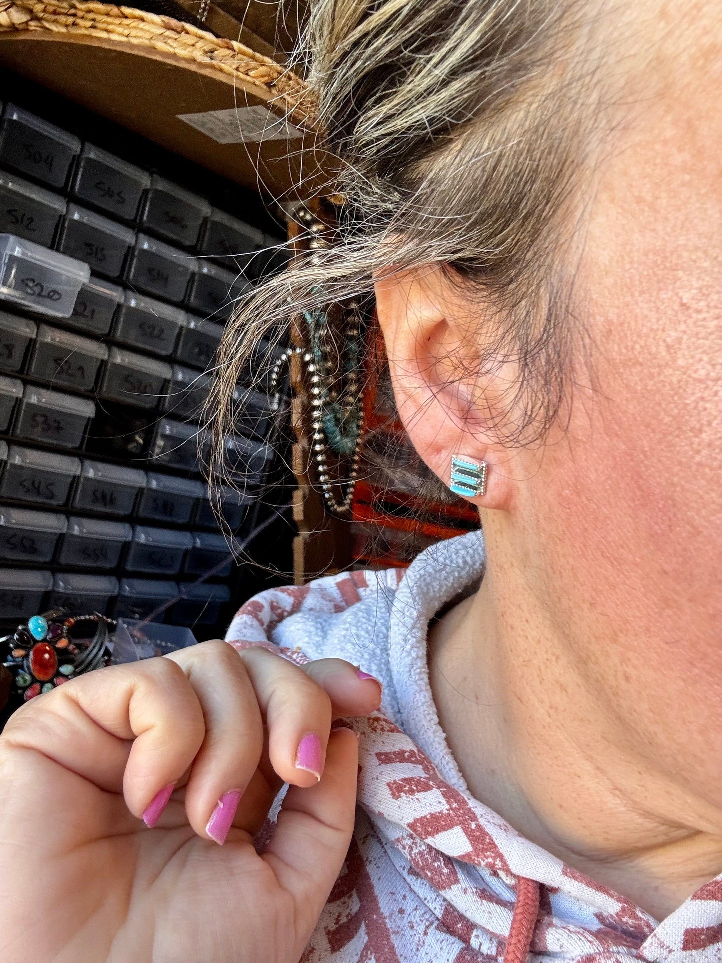Zuni-Made Kingman Turquoise Square Stud Earrings by Davis Kaamasee – Sterling Silver