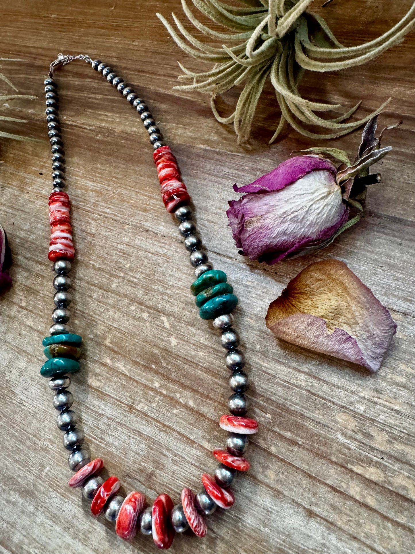 NFR Collection Necklace – Sterling Silver Pearls with Red Spiny Oyster & Green Turquoise – 21"