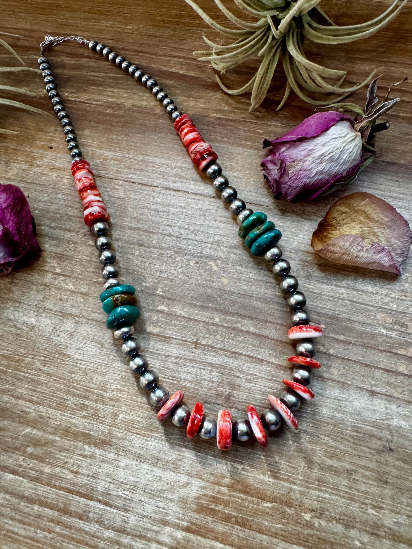 NFR Collection Necklace – Sterling Silver Pearls with Red Spiny Oyster & Green Turquoise – 21"