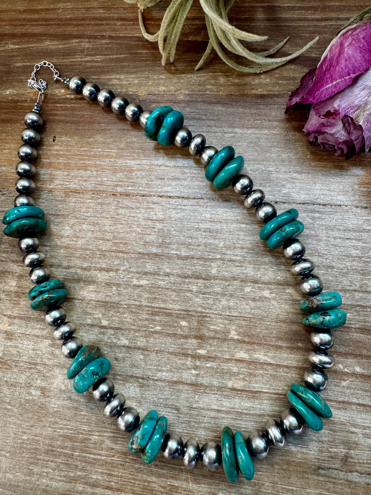NFR Collection Necklace – 8mm & 10mm Sterling Silver Pearls with 16mm Green Turquoise Rondelle – Handmade by The Bijoux FAB – 16.5"
