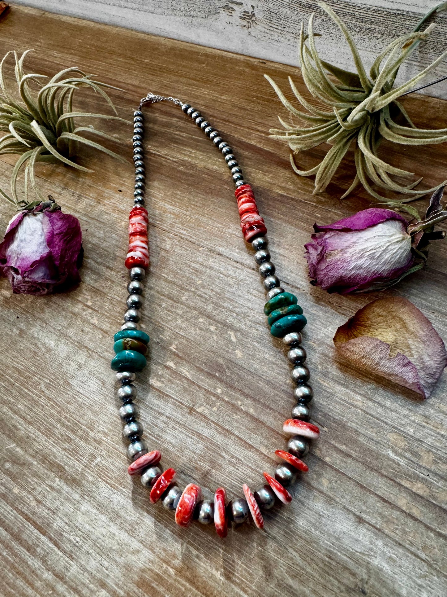 NFR Collection Necklace – Sterling Silver Pearls with Red Spiny Oyster & Green Turquoise – 21"