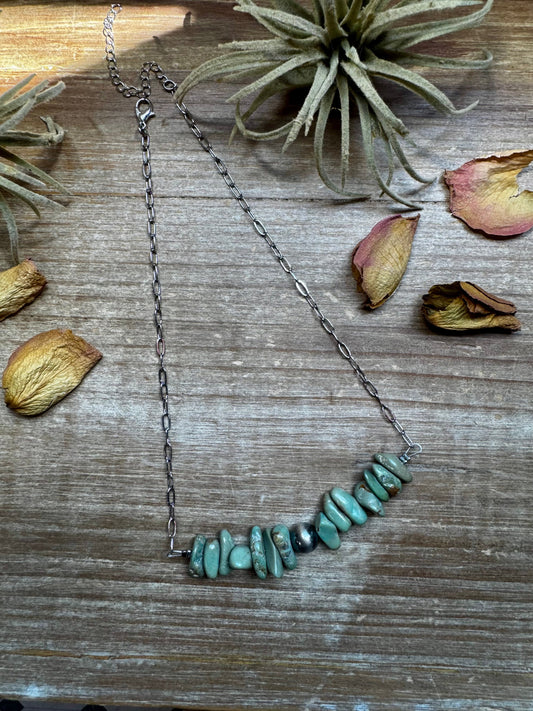 Green Turquoise Chip Necklace – Sterling Silver Pearl Accent – Paperclip Chain