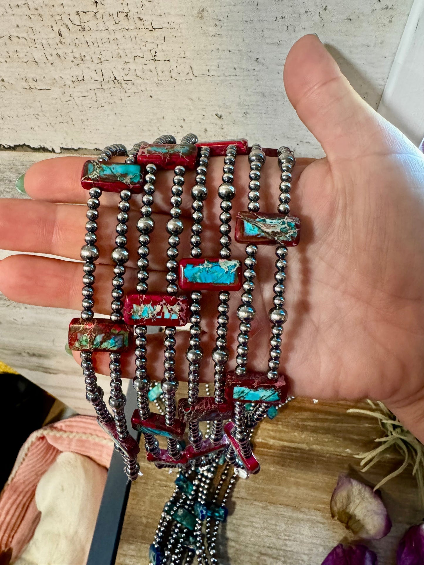 Pink/blue Double Strand Necklace – 13” Beaded – Sterling Silver Pearls & Rectangle Variscite Turquoise