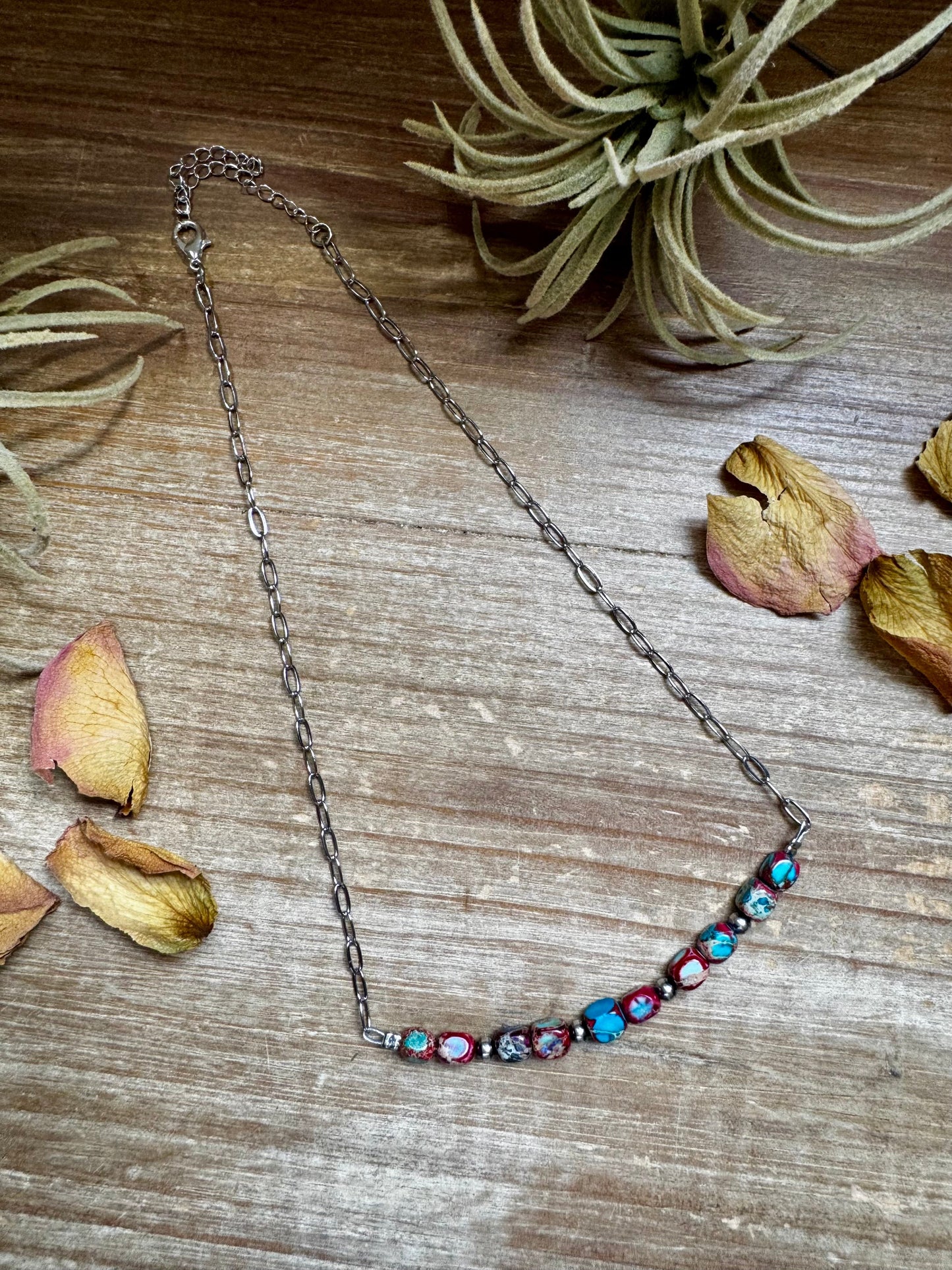 Paperclip Chain Necklace – 4mm Sterling Silver Pearls & Pink-Blue Sea Sediment – 16.5"