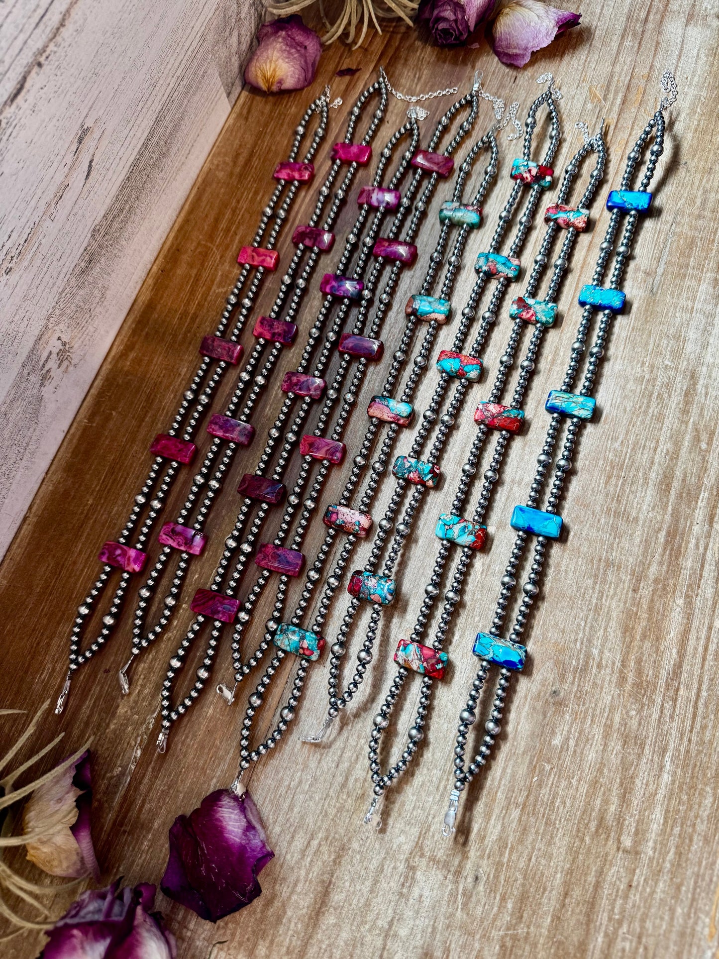 Pink/Navy Double Strand Necklace – 13” Beaded – Sterling Silver Pearls & Rectangle Variscite Turquoise