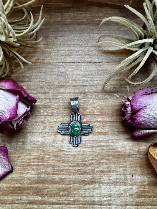 Zia Symbol Pendant with Green Sonoran Gold Turquoise – Sterling Silver – Native Made by K. Billah – Fits 8mm