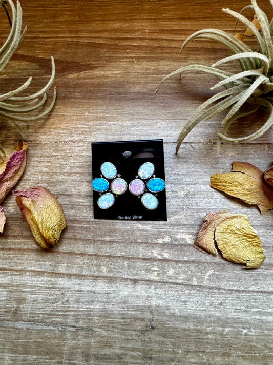 Triple Opal Half-Cluster Stud Earrings – Pink, Blue & White Opal in Sterling Silver