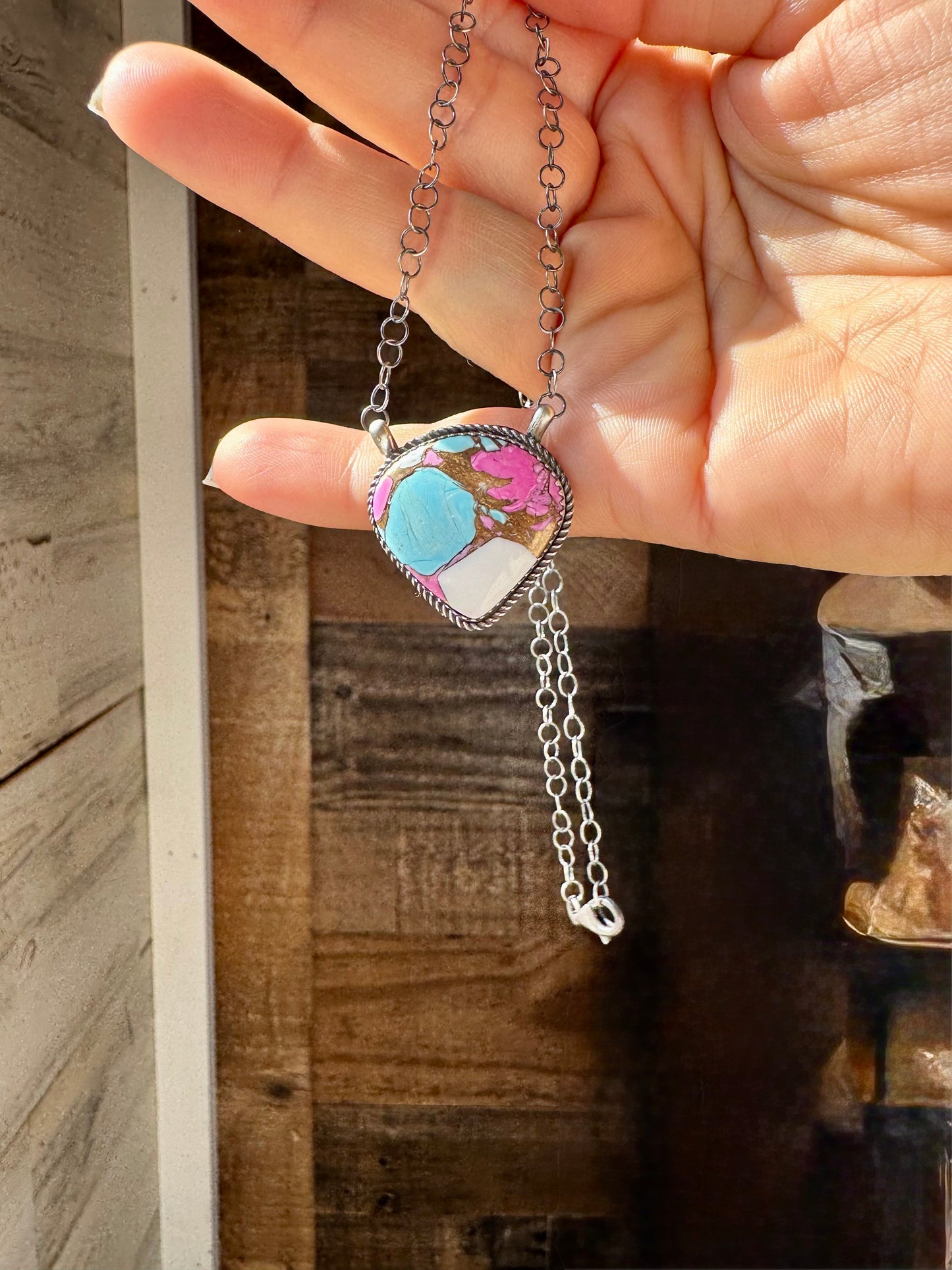 Cotton Candy Turquoise Bar Necklace – Freeform Shape – 18" Sterling Chain – Tia Long, Navajo Handmade