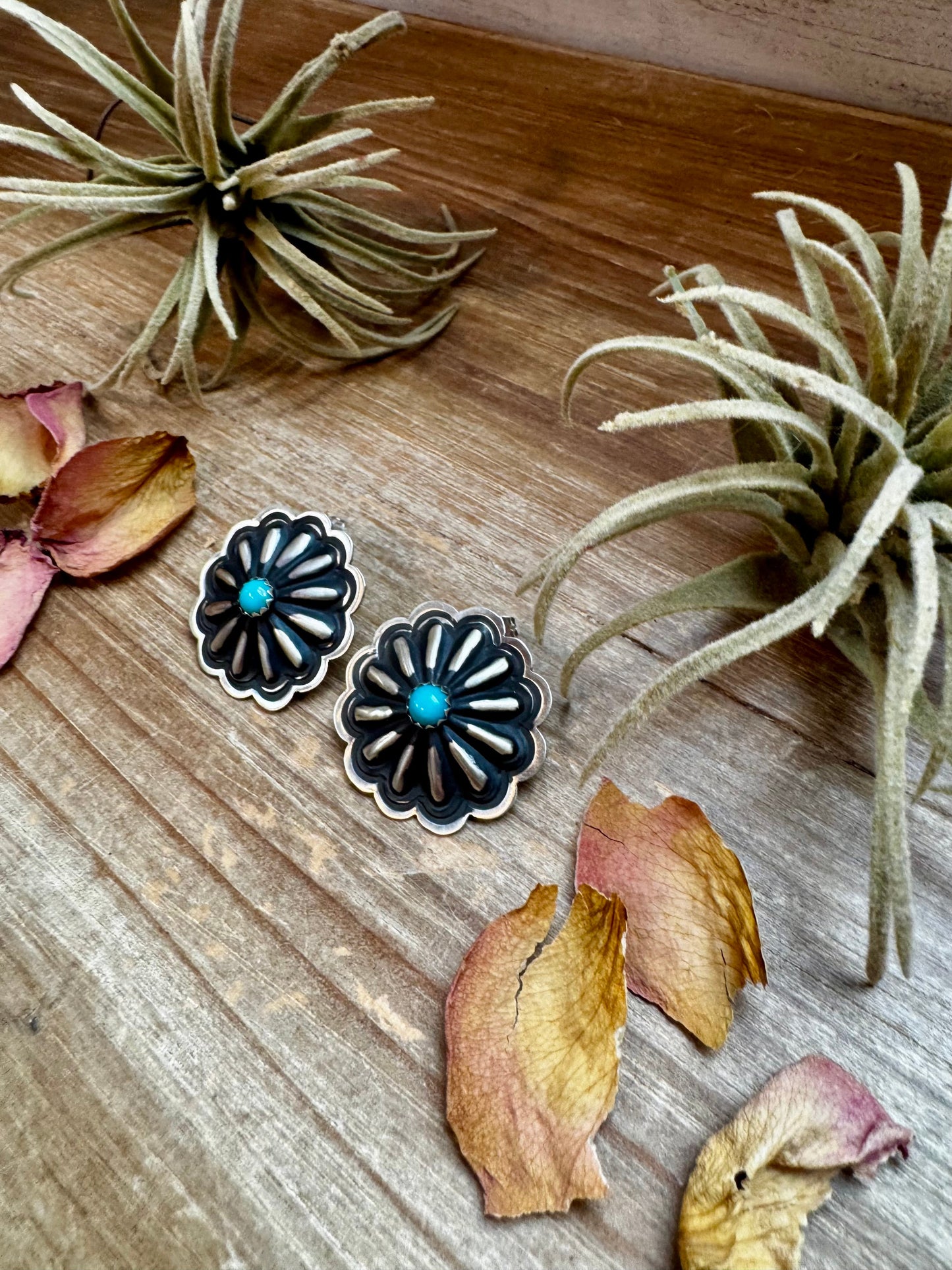 Large Concho Stud Earrings – Turquoise & Sterling Silver