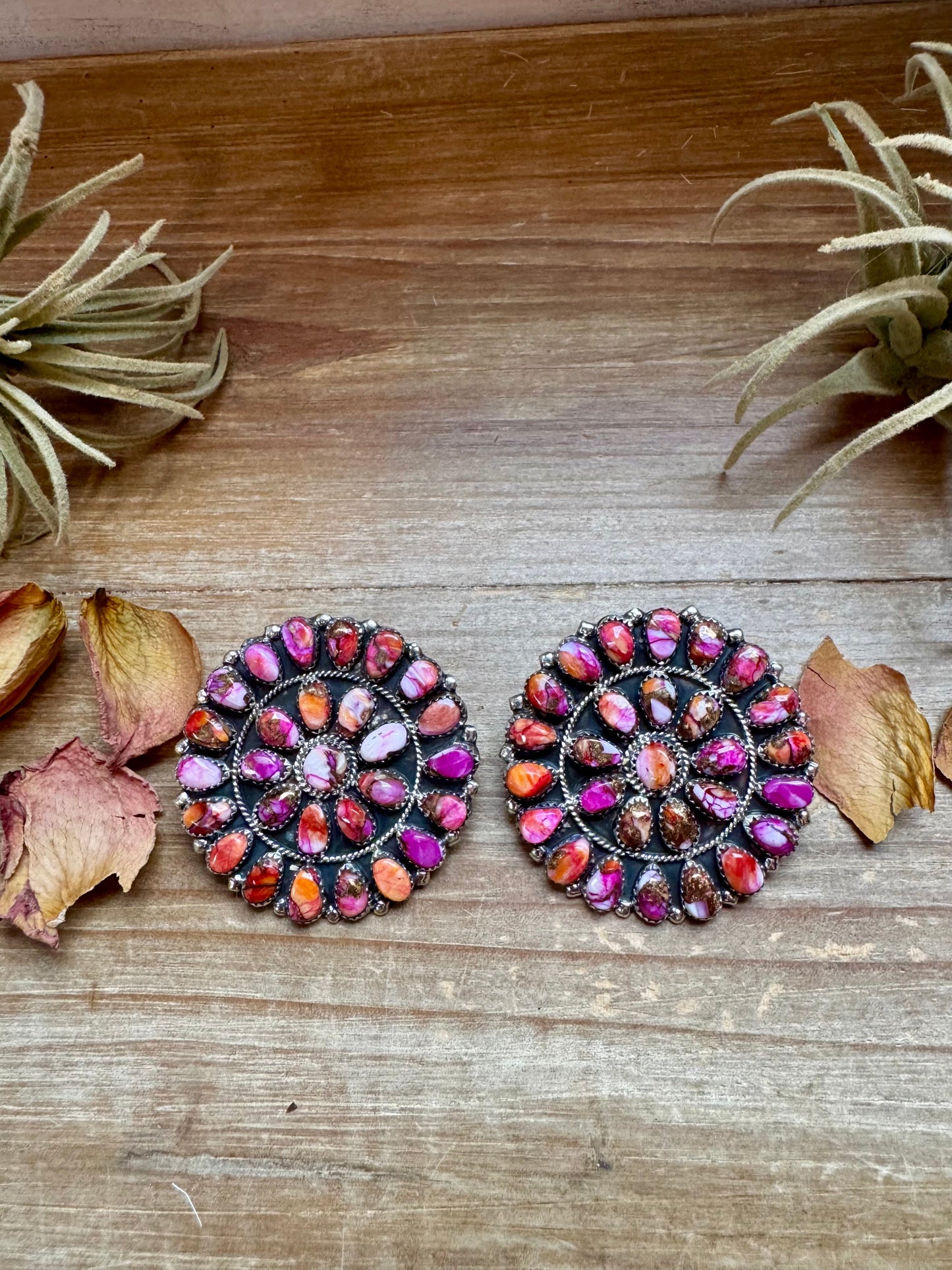 Giant Cluster Earrings – Pink Dahlia Color & Sterling Silver - One of a kind