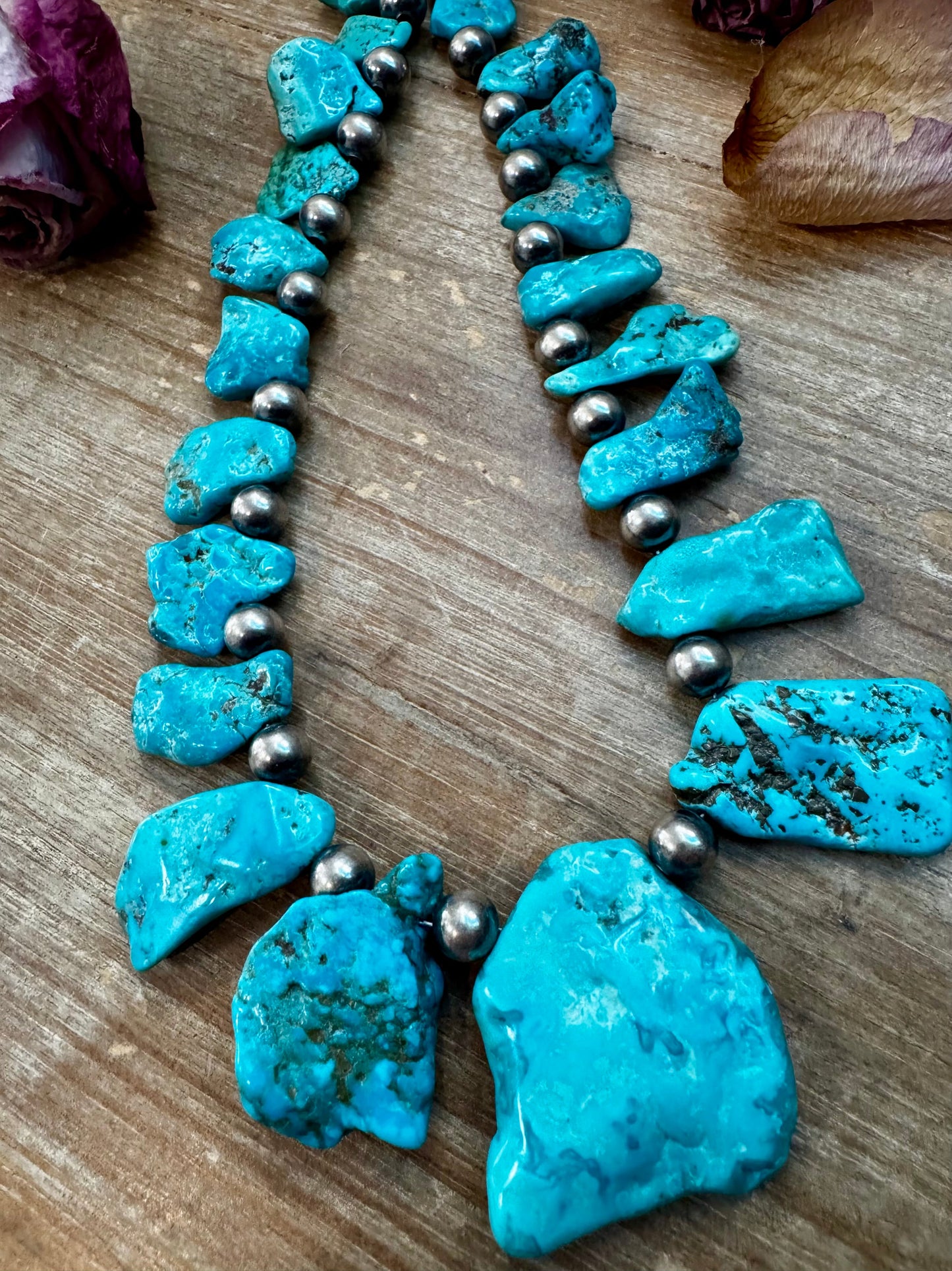 NFR Collection Necklace – 8mm Sterling Silver Pearls with Graduated Turquoise – Handmade by The Bijoux FAB – 34"