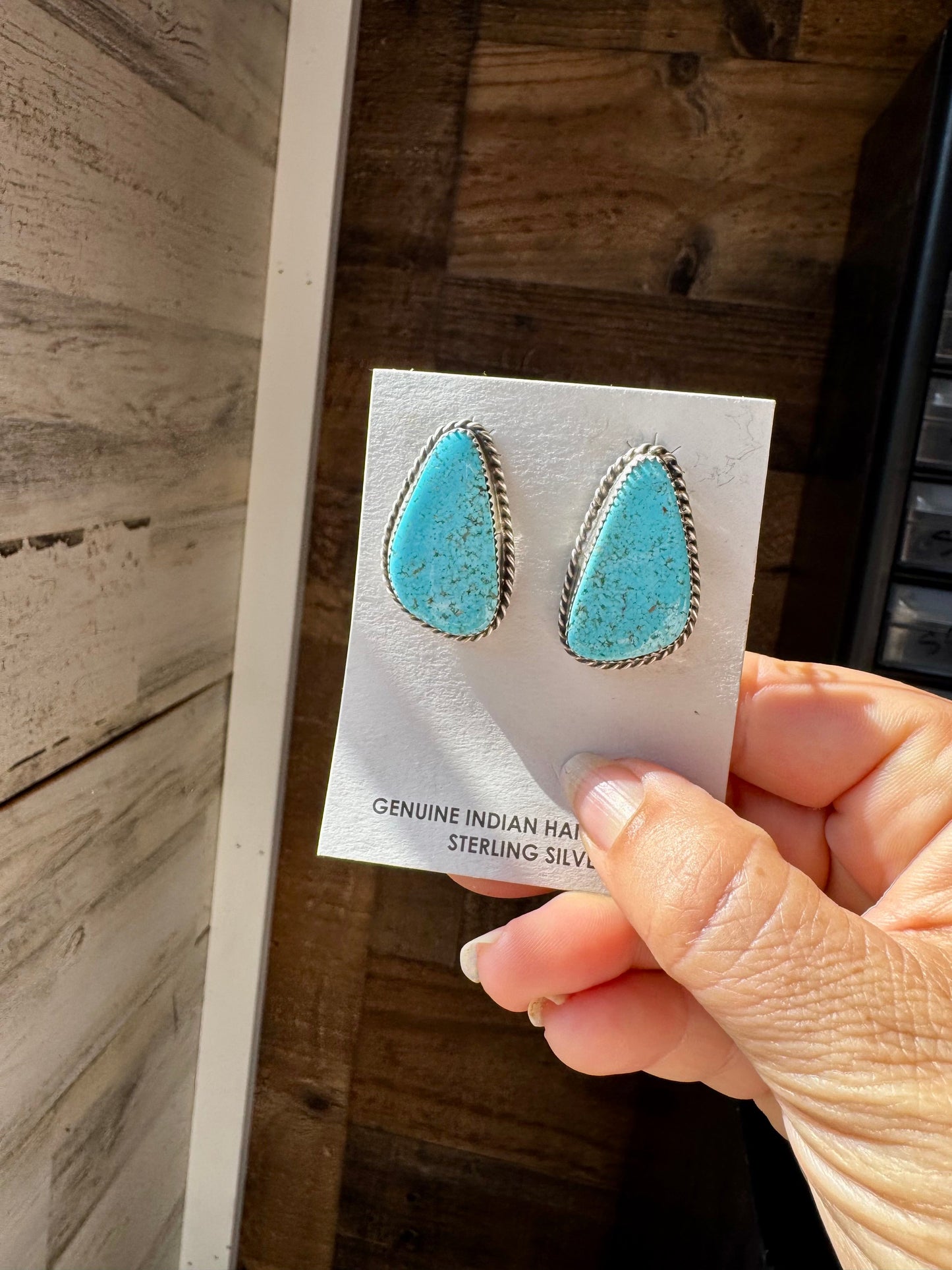 Kingman Turquoise Earrings – Sterling Silver – Handmade by Donovan Nez, Navajo Artist