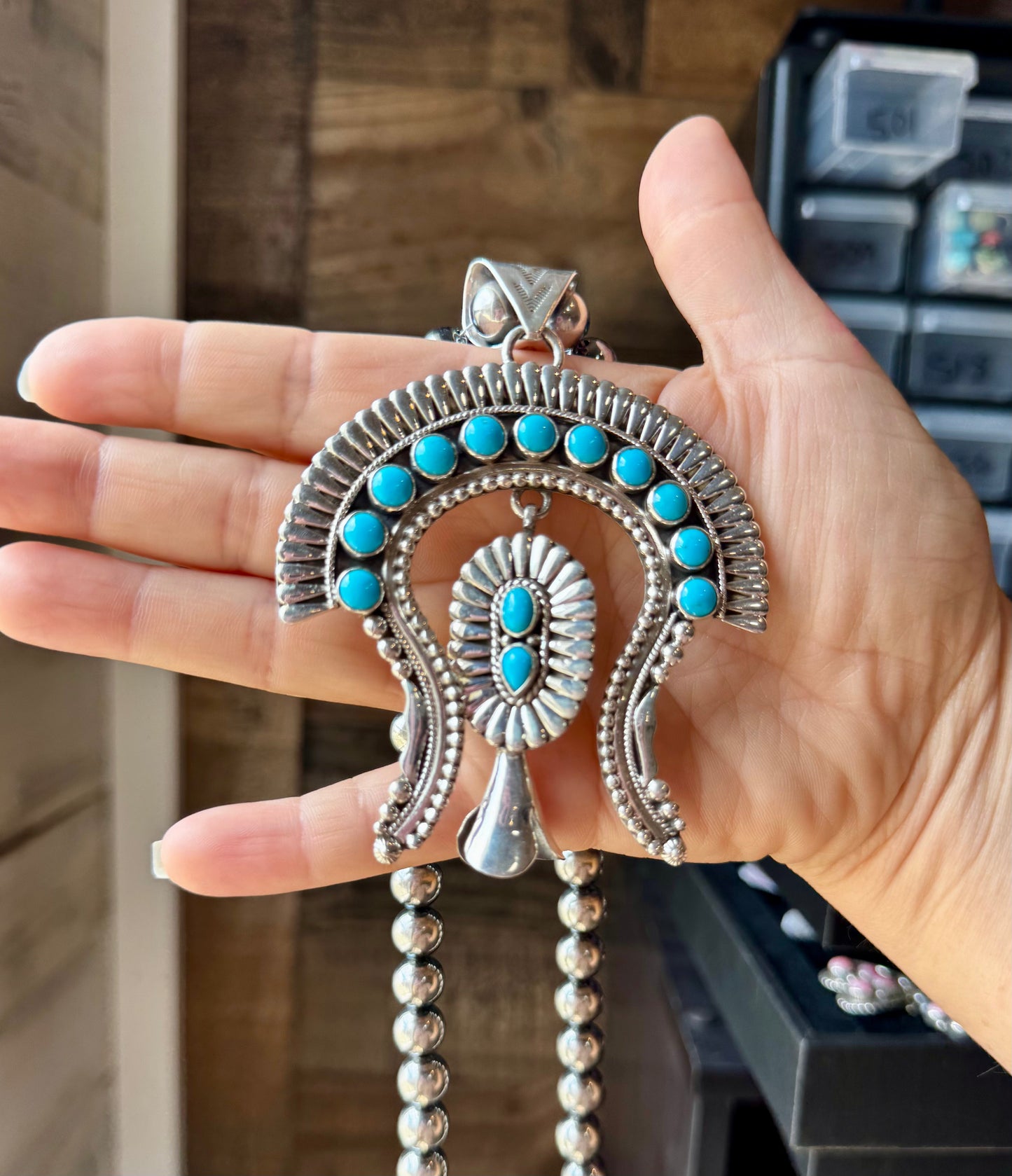 Large Sterling Silver & Kingman Turquoise Pendant – Native Made by L. – Fits 12mm Pearls