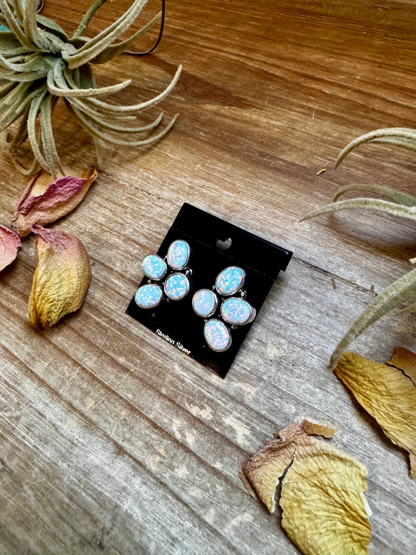 White Opal Half-Cluster Stud Earrings – Sterling Silver, Handmade in the USA