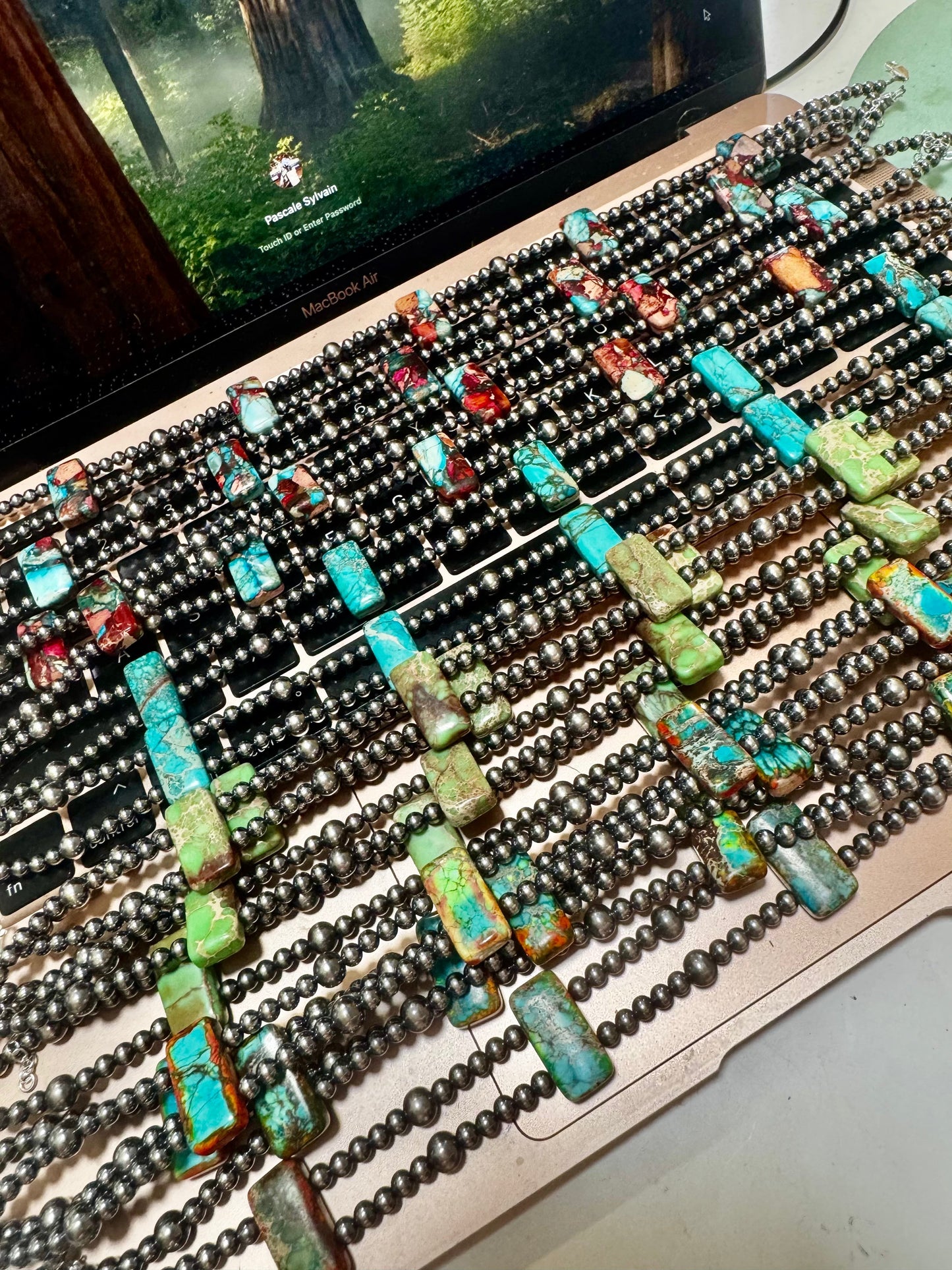 Orange/Turquoise Double Strand Necklace – 13” Beaded – Sterling Silver Pearls & Rectangle Variscite