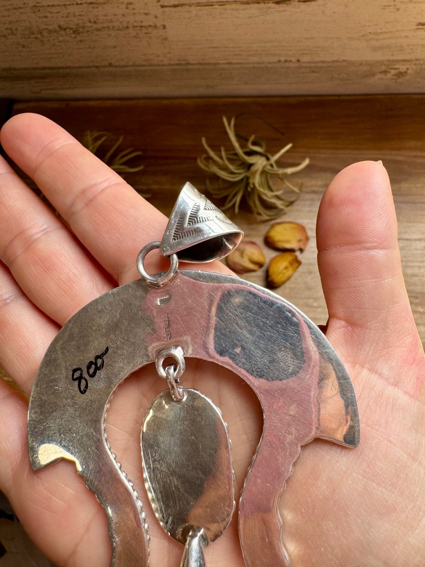 Large Sterling Silver & Kingman Turquoise Pendant – Native Made by L. – Fits 12mm Pearls