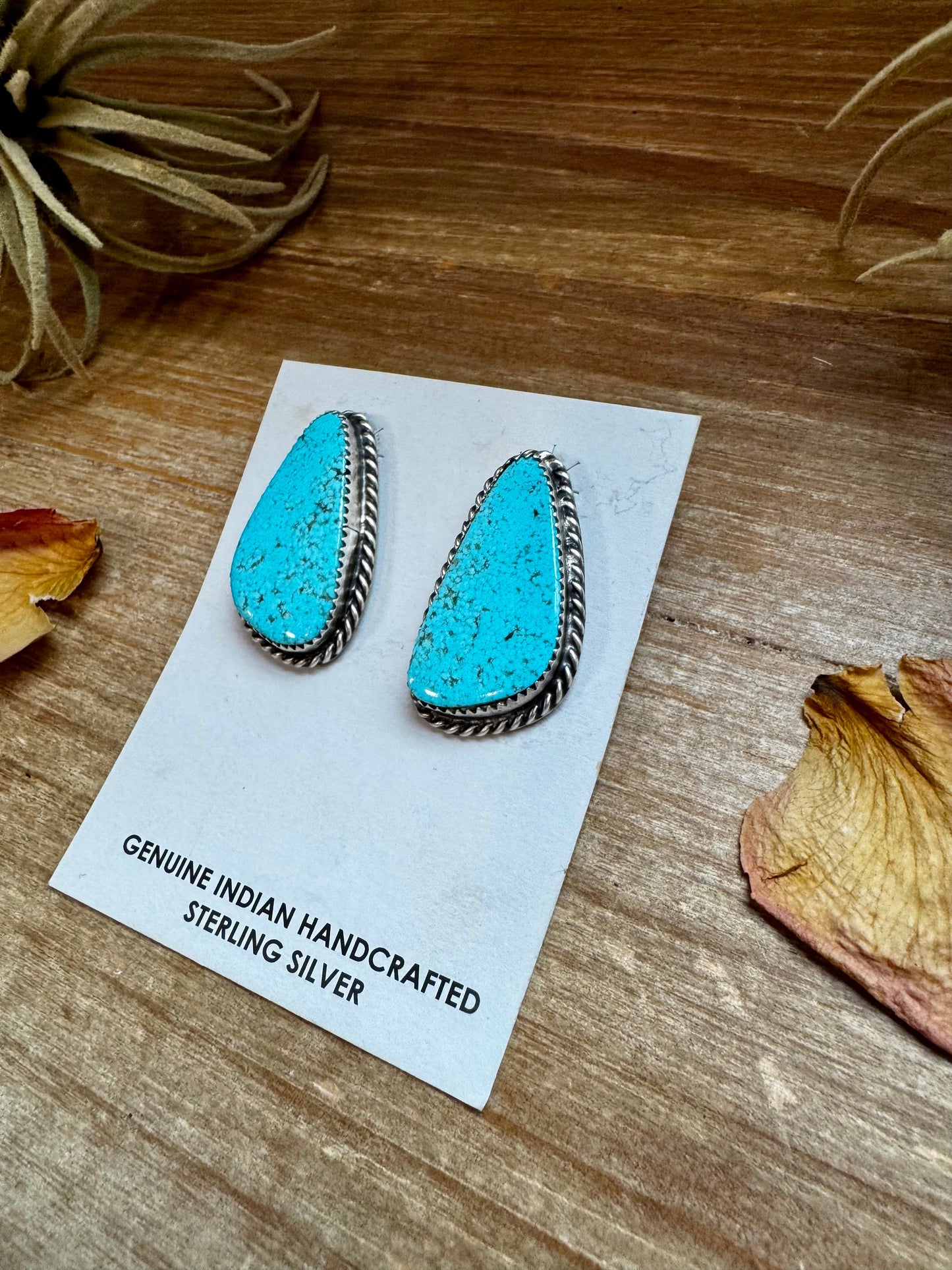 Kingman Turquoise Stud Earrings – 1.5 Inch Navajo Handmade by Donovan Nez