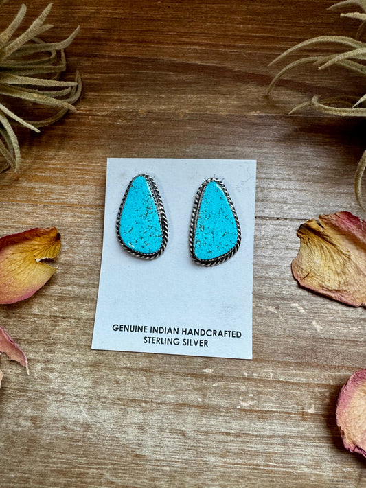 Kingman Turquoise Stud Earrings – 1.5 Inch Navajo Handmade by Donovan Nez