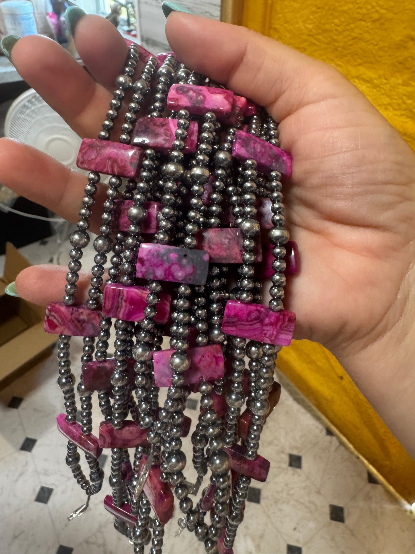 Pink Double Strand Necklace – 13” Beaded – Sterling Silver Pearls & Rectangle Variscite Turquoise